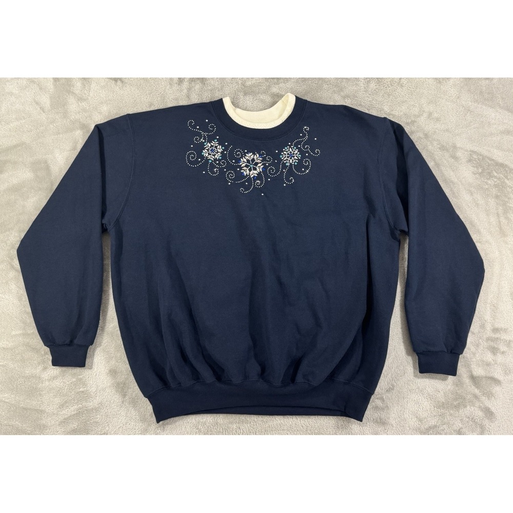 Top Stitch By Morning Sun Womens XL Sweatshirt Jeweled Snowflakes Winter Granny